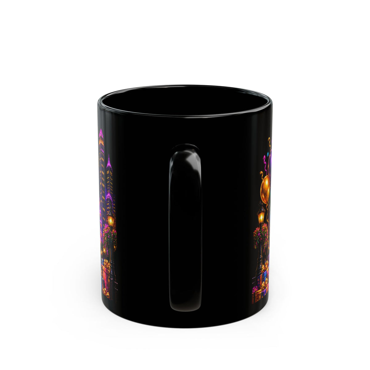 Happy Birthday Neon City Night Mug – Colorful Fireworks & Balloons