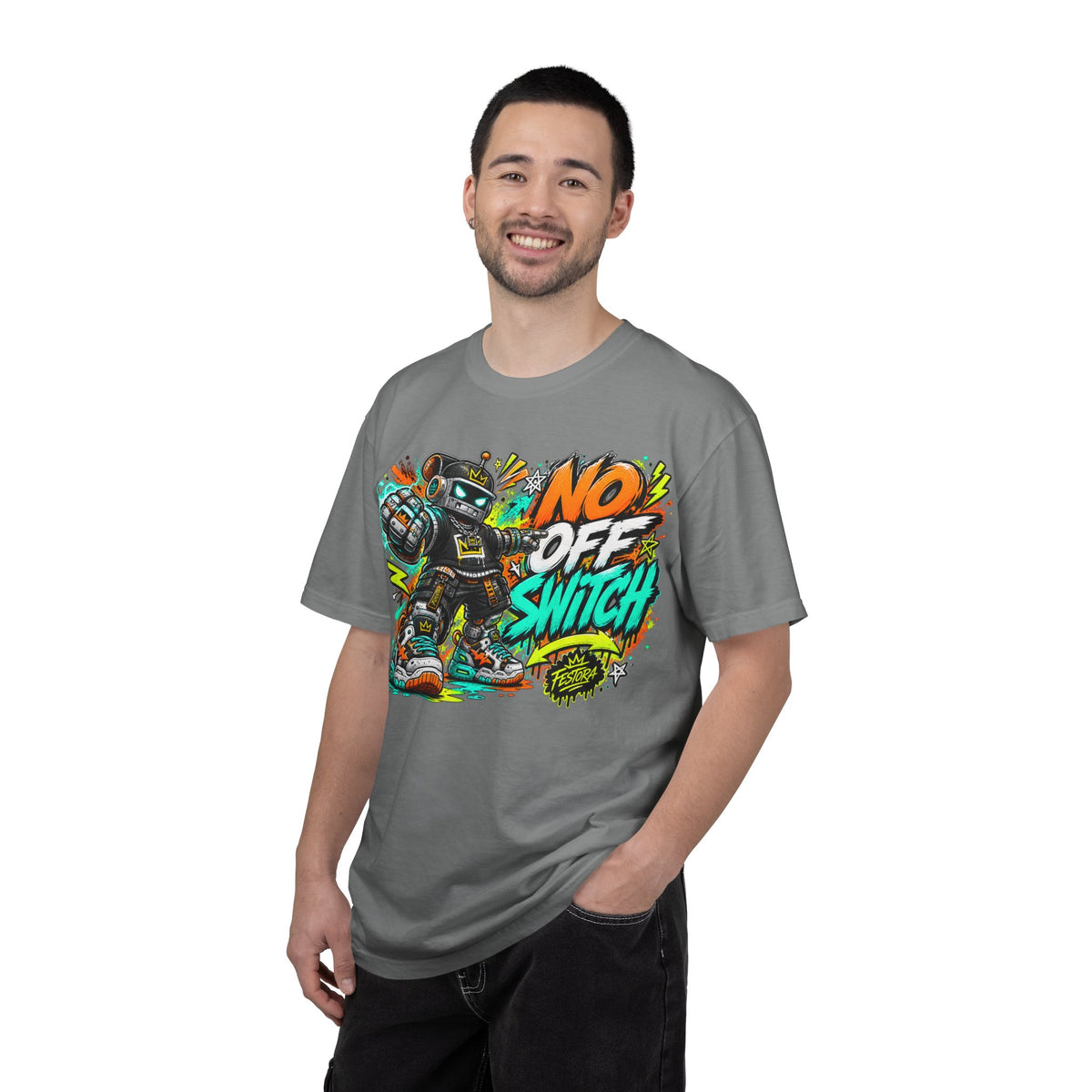 No Off Switch Robot Graphic T-Shirt — Bold Retro Streetwear Design