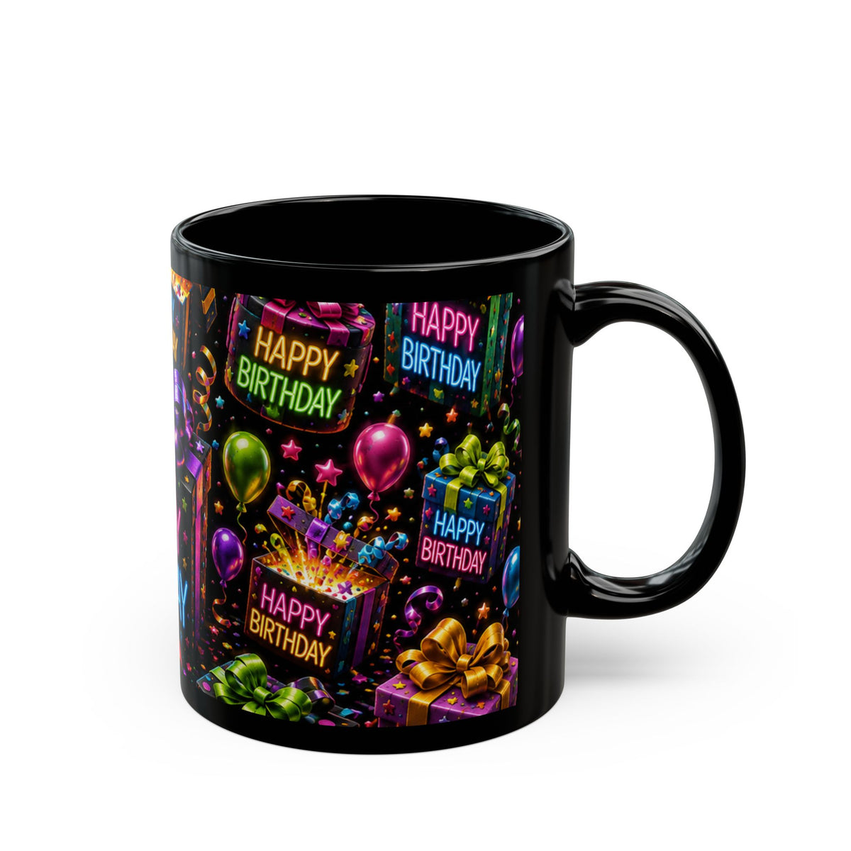 Happy Birthday Gift & Balloons Black Mug — Colorful Celebration Coffee Cup