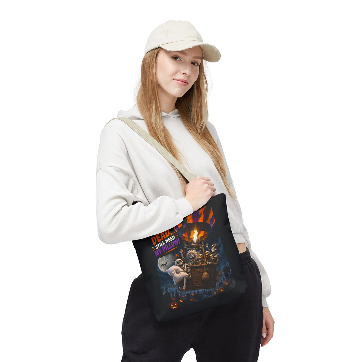 Halloween Ghost Tote — "Woke Up Dead... Still Need My Pillow" All-Over Print Tote
