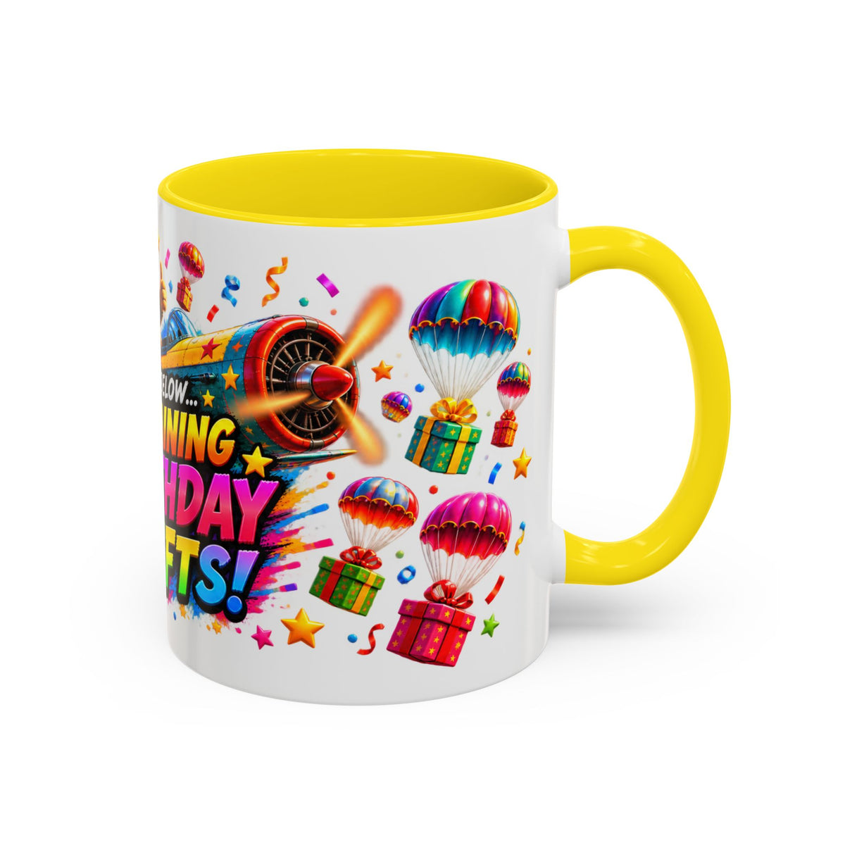 Birthday Gifts Coffee Mug — "It's Raining Birthday Gifts!" Colorful Accent Mug
