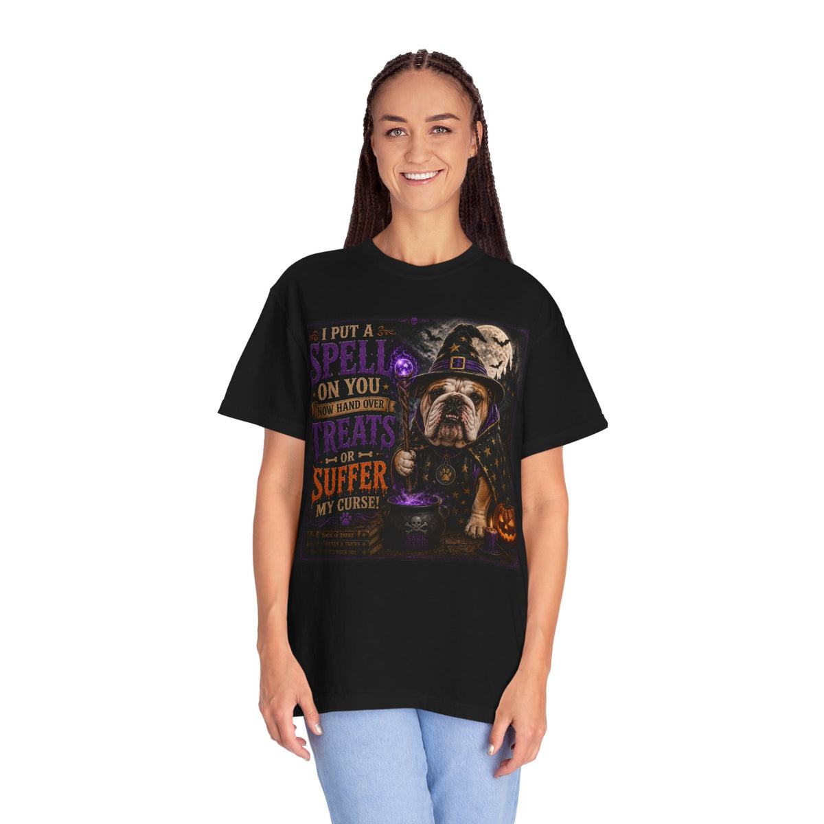 Halloween Bulldog Witch T-Shirt – "I Put a Spell on You" Spooky Dog Tee