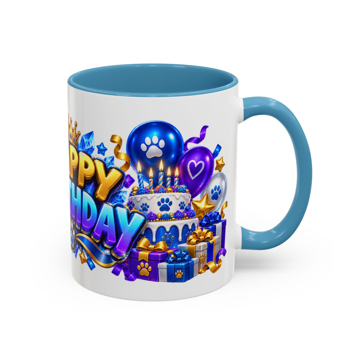 White Wolf Happy Birthday Mug – Blue Purple & Gold Birthday Gift – FestoraShop White Coffee Mug