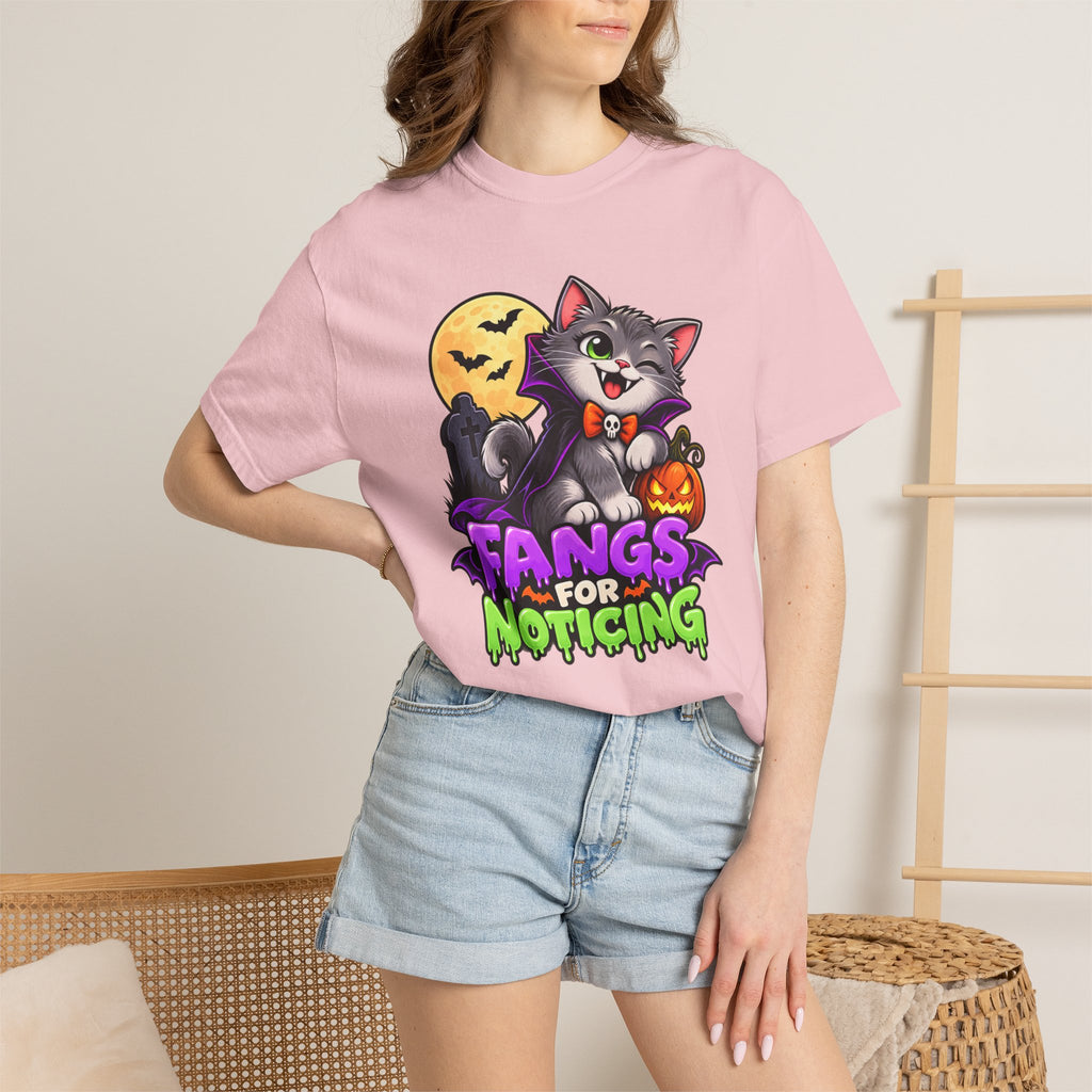 Fangs for Noticing – Cute Vampire Cat Halloween T-Shirt