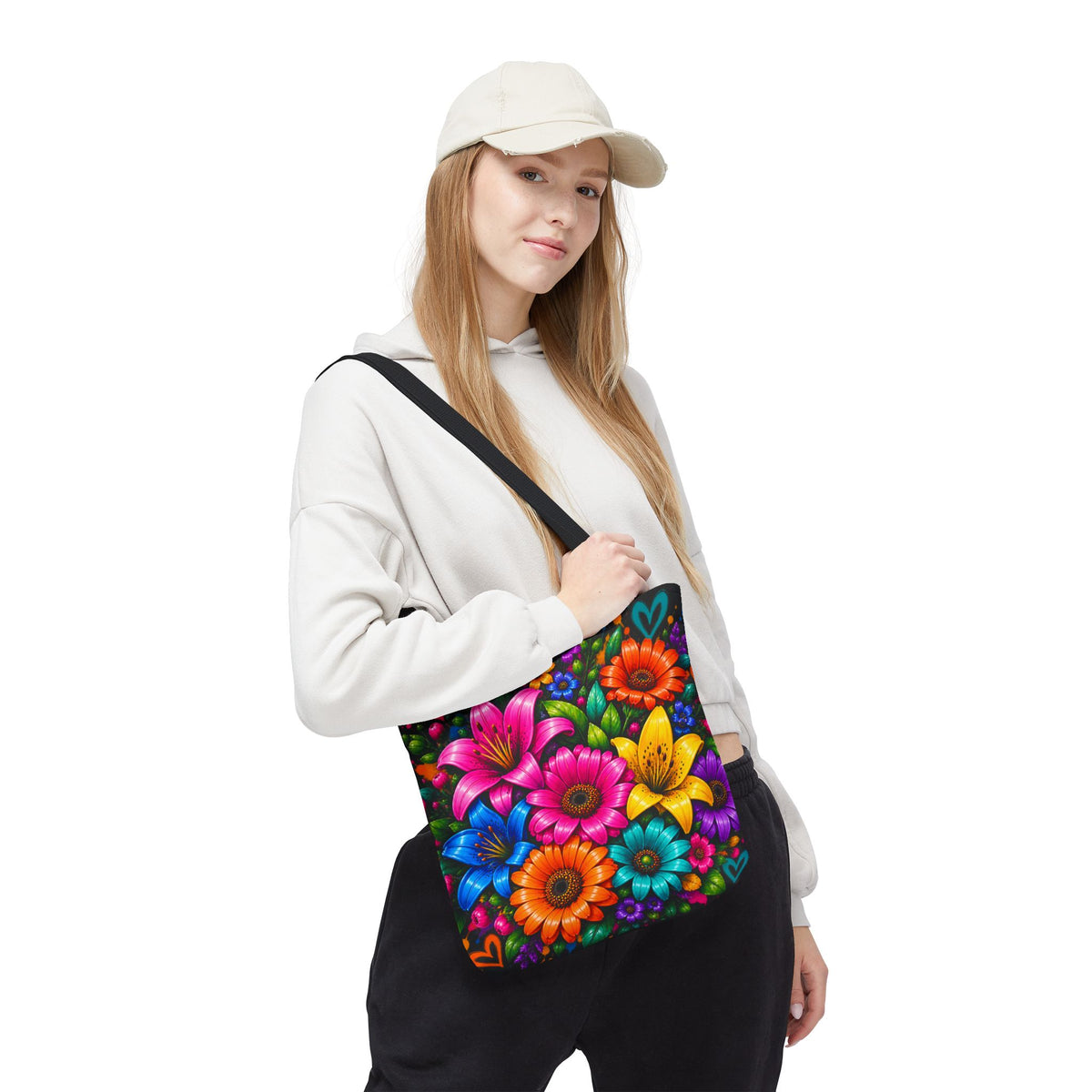 Festora Floral Burst Tote Bag — Colorful Flowers on Black