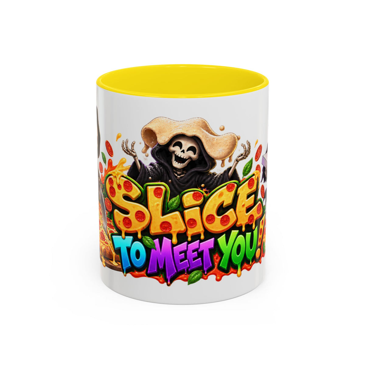 Slice to Meet You Funny Grim Reaper Pizza Halloween White Mug