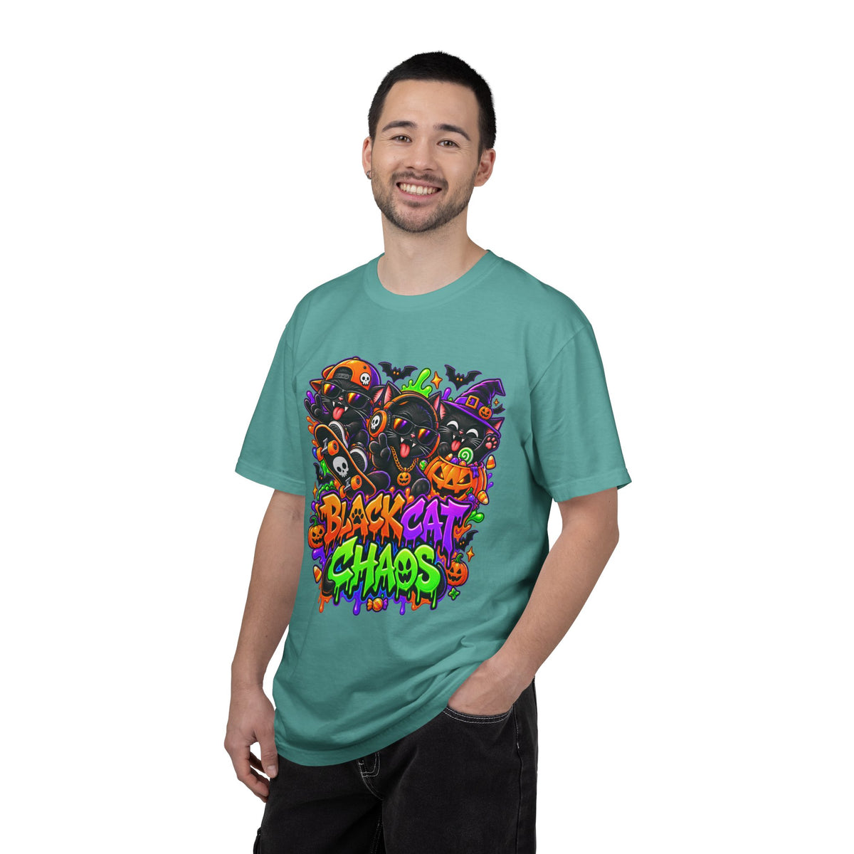 Neon Black Cat Halloween Chaos T-Shirt | Cute Spooky Cat Graphic Tee