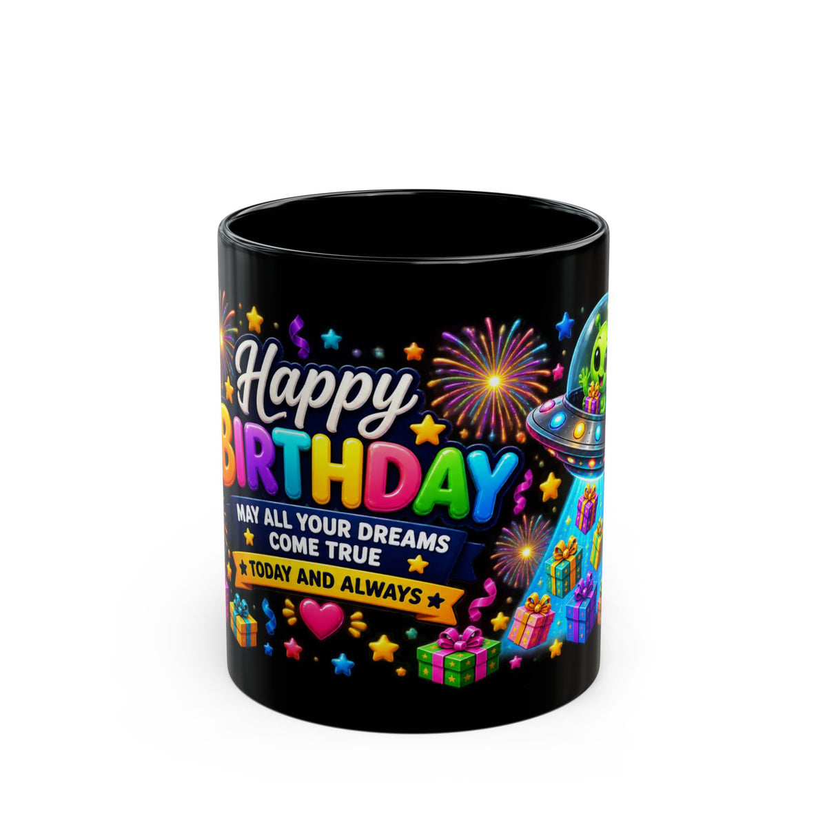 Happy Birthday Alien Mug — Colorful UFO Birthday Coffee Cup (11oz)