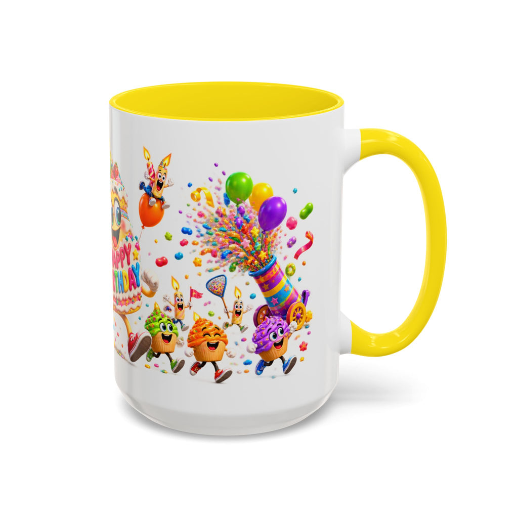 Birthday Party Coffee Mug – Colorful Happy Birthday Cake & Balloon Design (11/15oz Accent Mug)