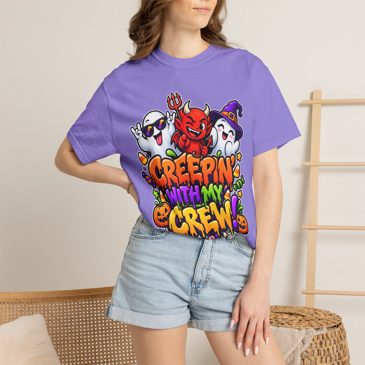 Creepin’ With My Crew Halloween T-Shirt – Colorful Funny Ghost & Devil Graphic Tee