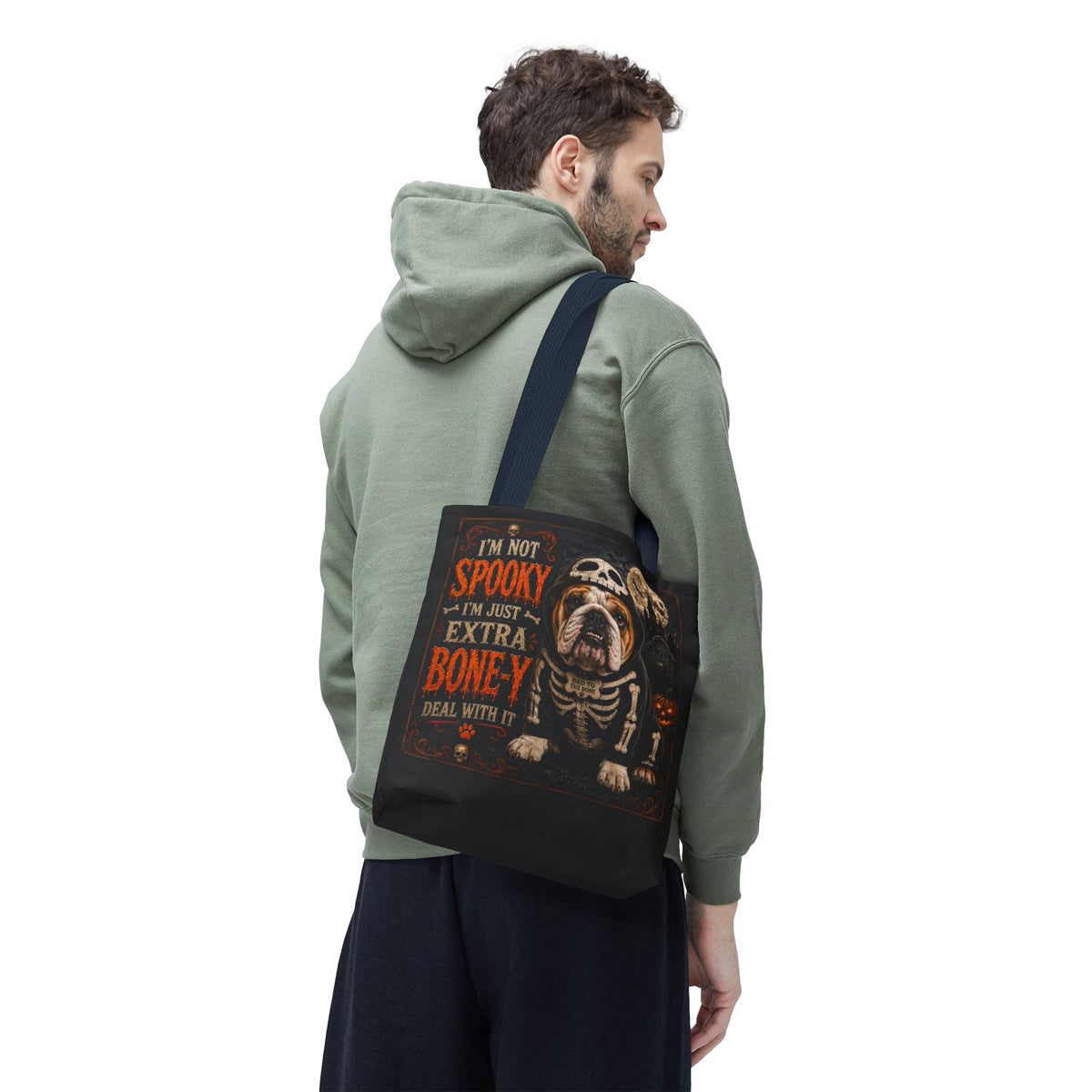 Halloween Bulldog Tote Bag – "I’m Not Spooky, I’m Just Extra Boney" All-Over Print
