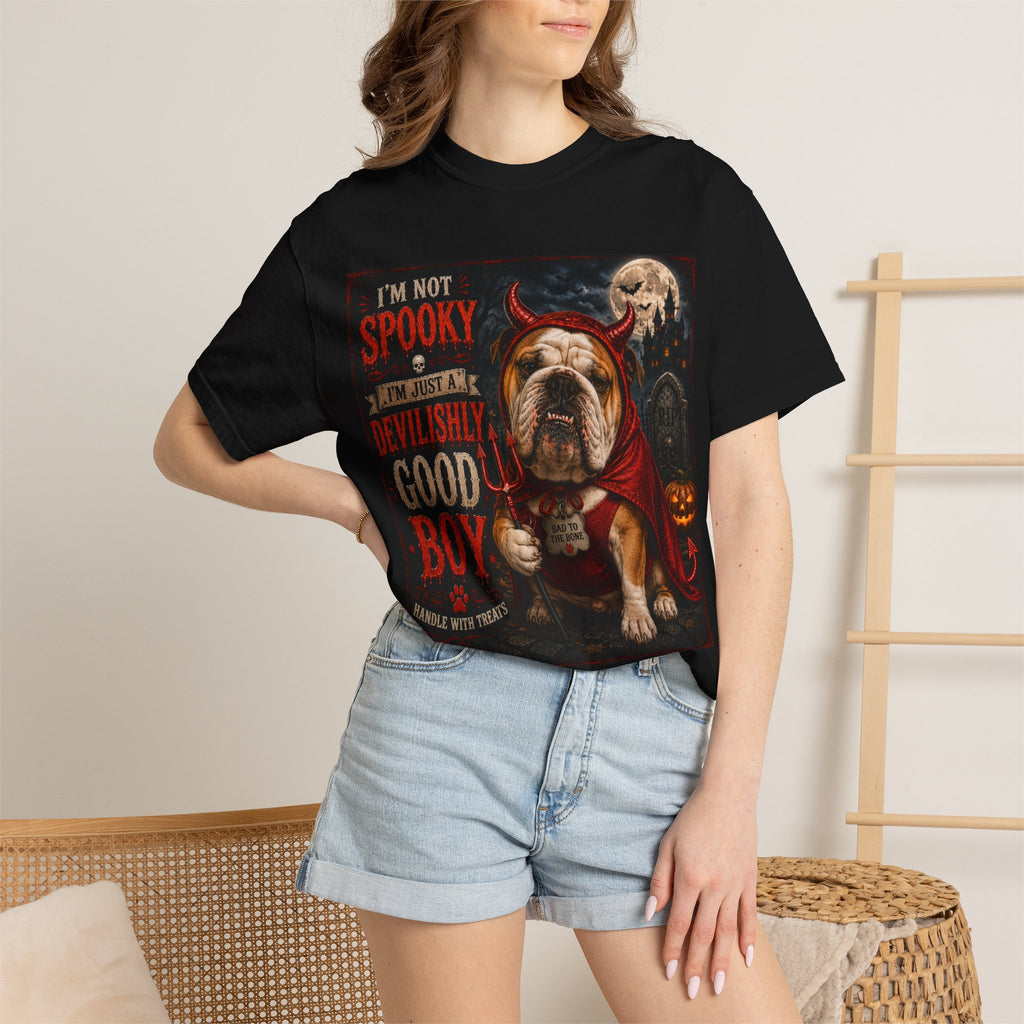 Halloween Bulldog T-Shirt — "I'm Not Spooky, I'm Just Devilishly Good Boy"