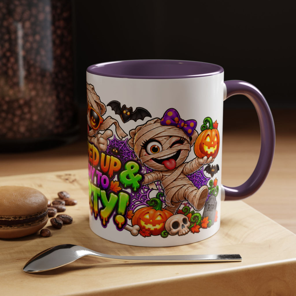 Wrapped Up & Ready to Party White Mug – Funny Mummies & Spooky Party Design