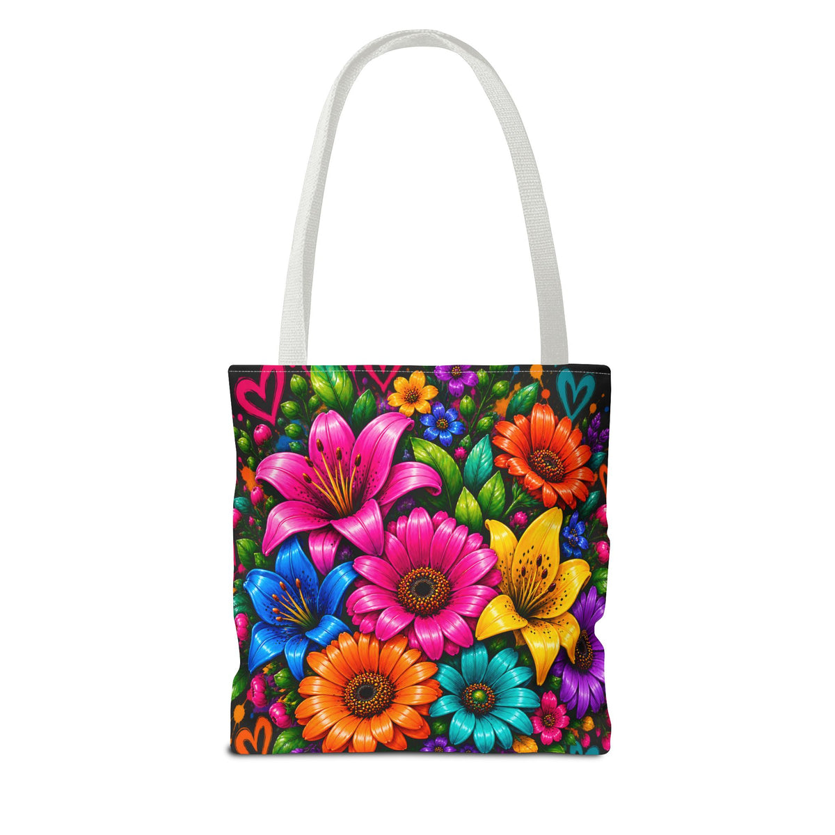 Festora Floral Burst Tote Bag — Colorful Flowers on Black