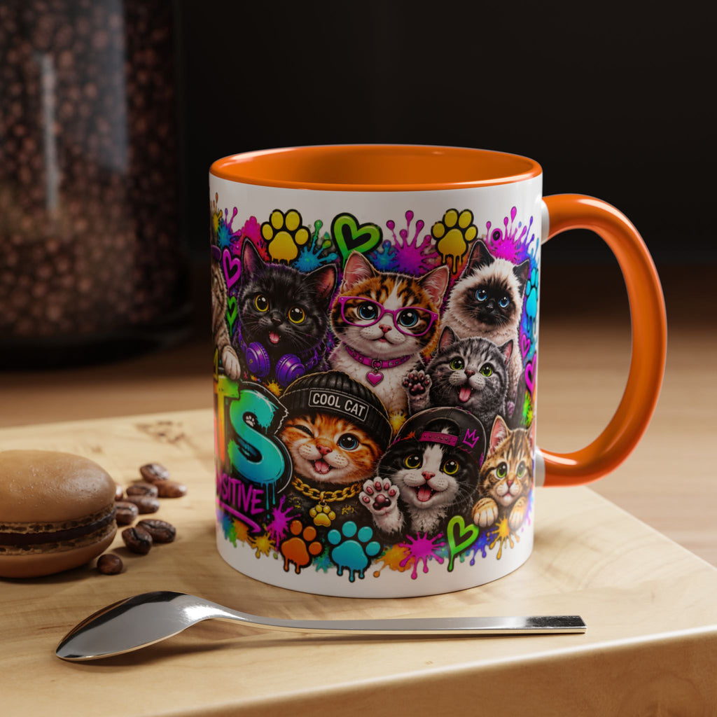 Cats Stay Pawsitive Accent Coffee Mug – Colorful Cute Cat Paw Print Design (11oz)