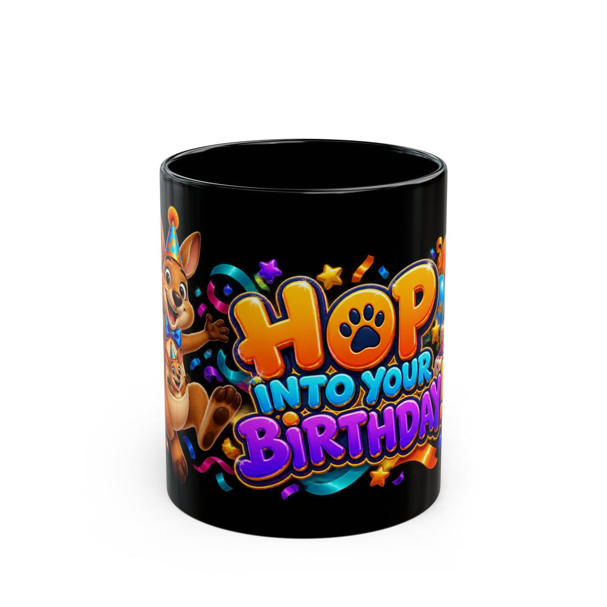 Hop Into Your Birthday Black Mug – Cute Kangaroo Birthday Cup, Colorful Party Gift