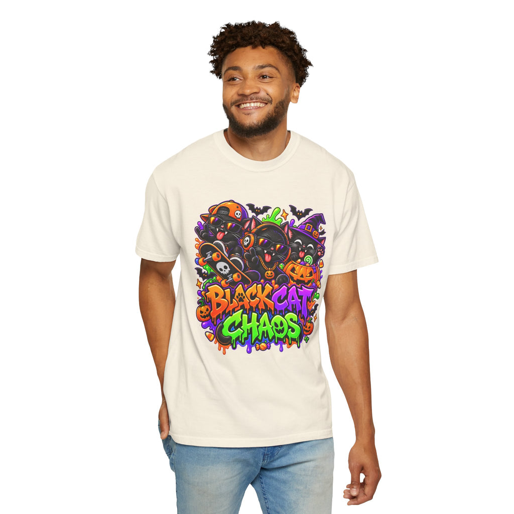 Neon Black Cat Halloween Chaos T-Shirt | Cute Spooky Cat Graphic Tee