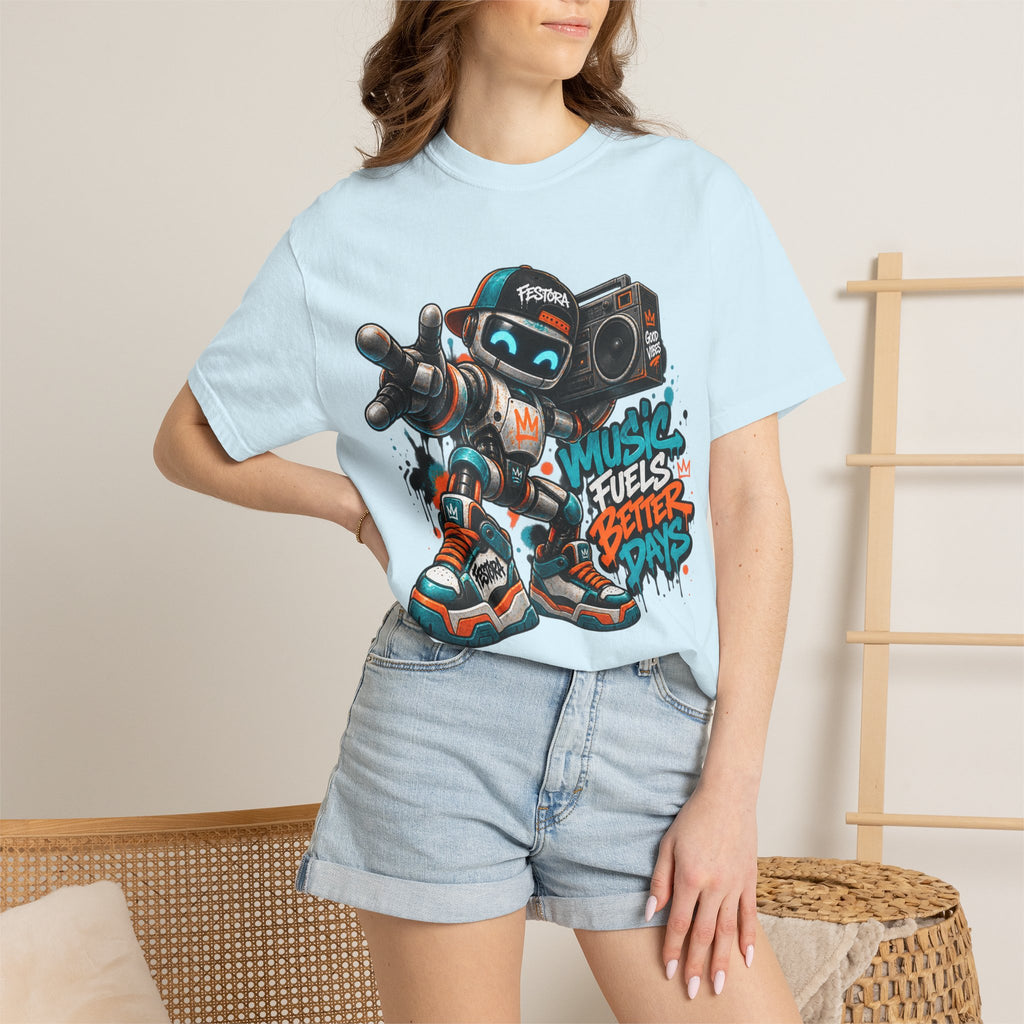 Music Fuels Better Days T-Shirt — Retro Robot Boombox Streetwear