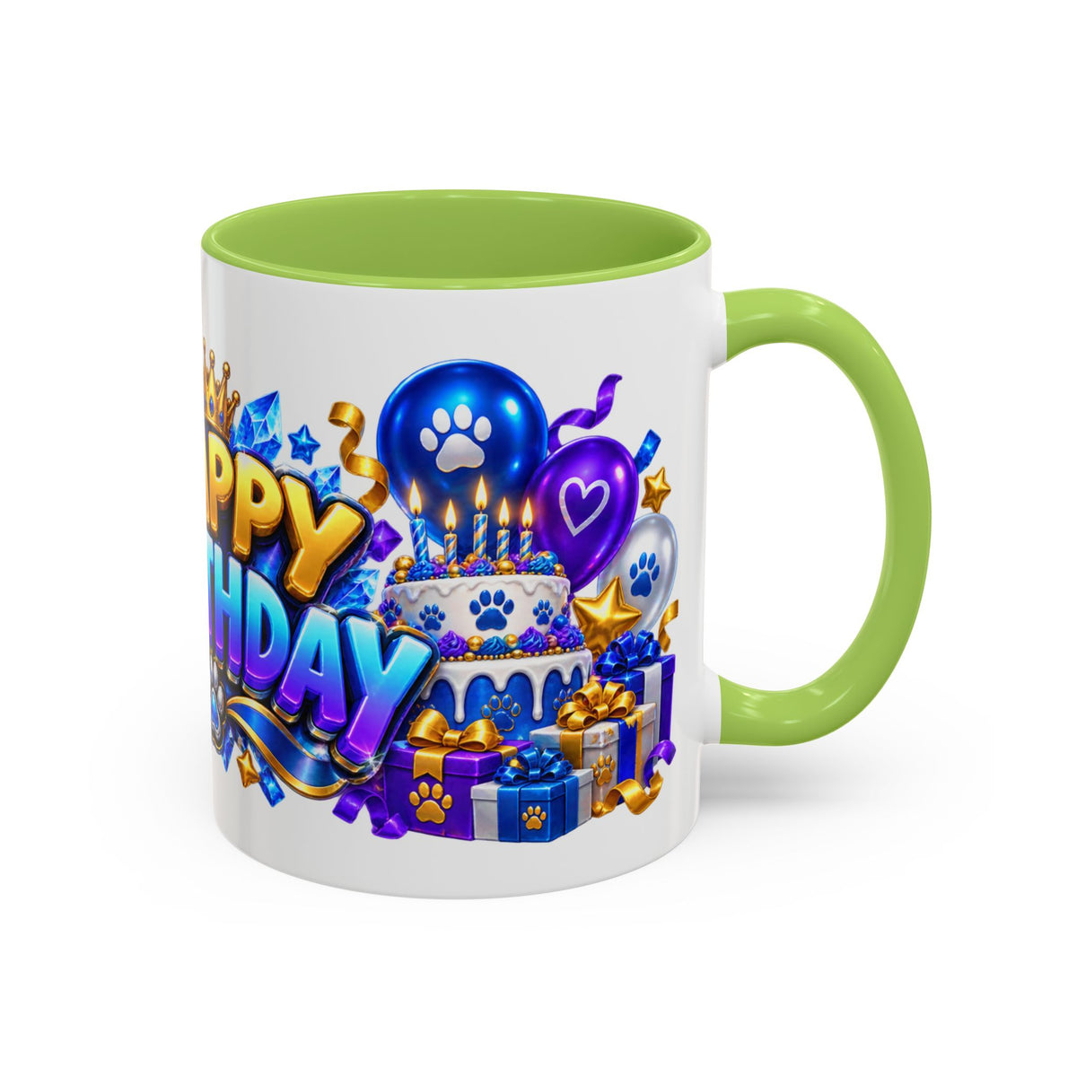 White Wolf Happy Birthday Mug – Blue Purple & Gold Birthday Gift – FestoraShop White Coffee Mug