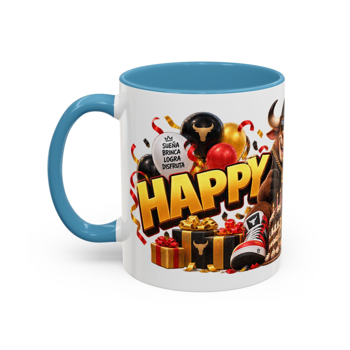 Happy Birthday Bull Mug – Colorful 3D Birthday Gift – White Coffee Mug