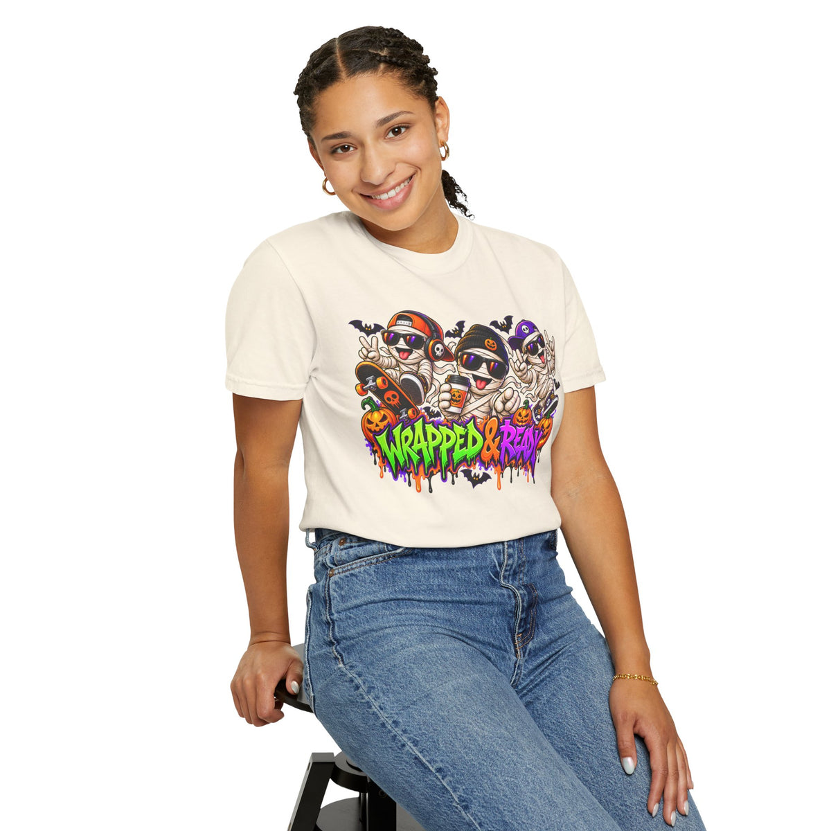 Wrapped & Ready – Halloween Mummy Crew Graphic T-Shirt