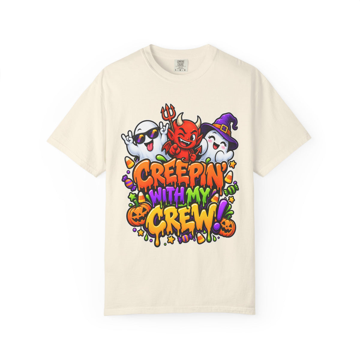 Creepin’ With My Crew Halloween T-Shirt – Colorful Funny Ghost & Devil Graphic Tee