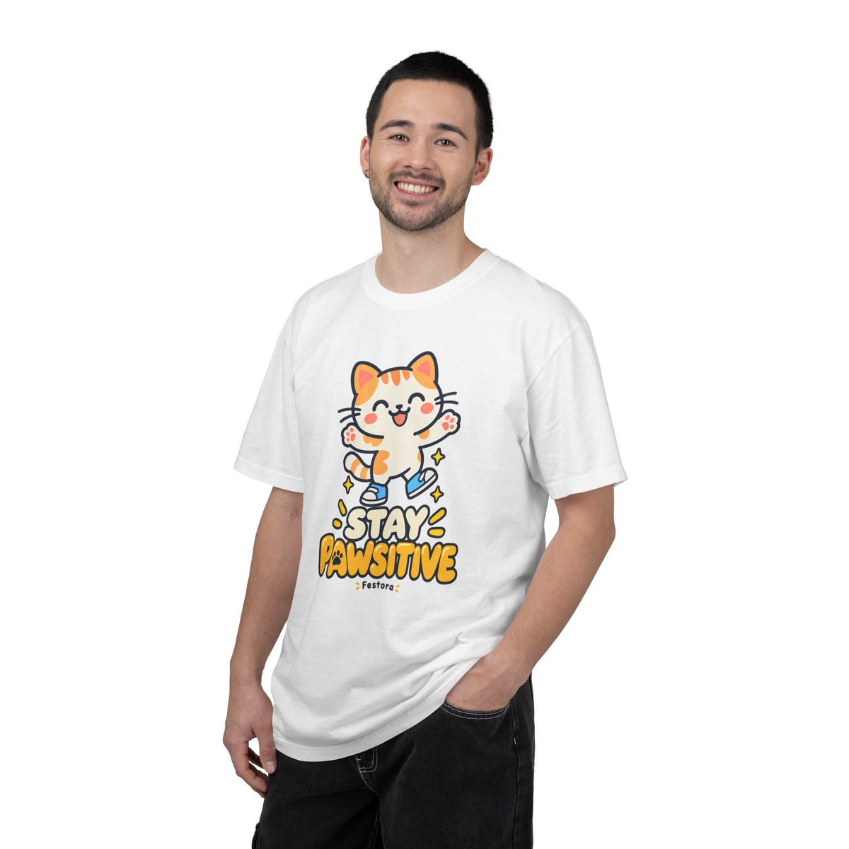 Stay Pawsitive – Cute Happy Cat Graphic T-Shirt