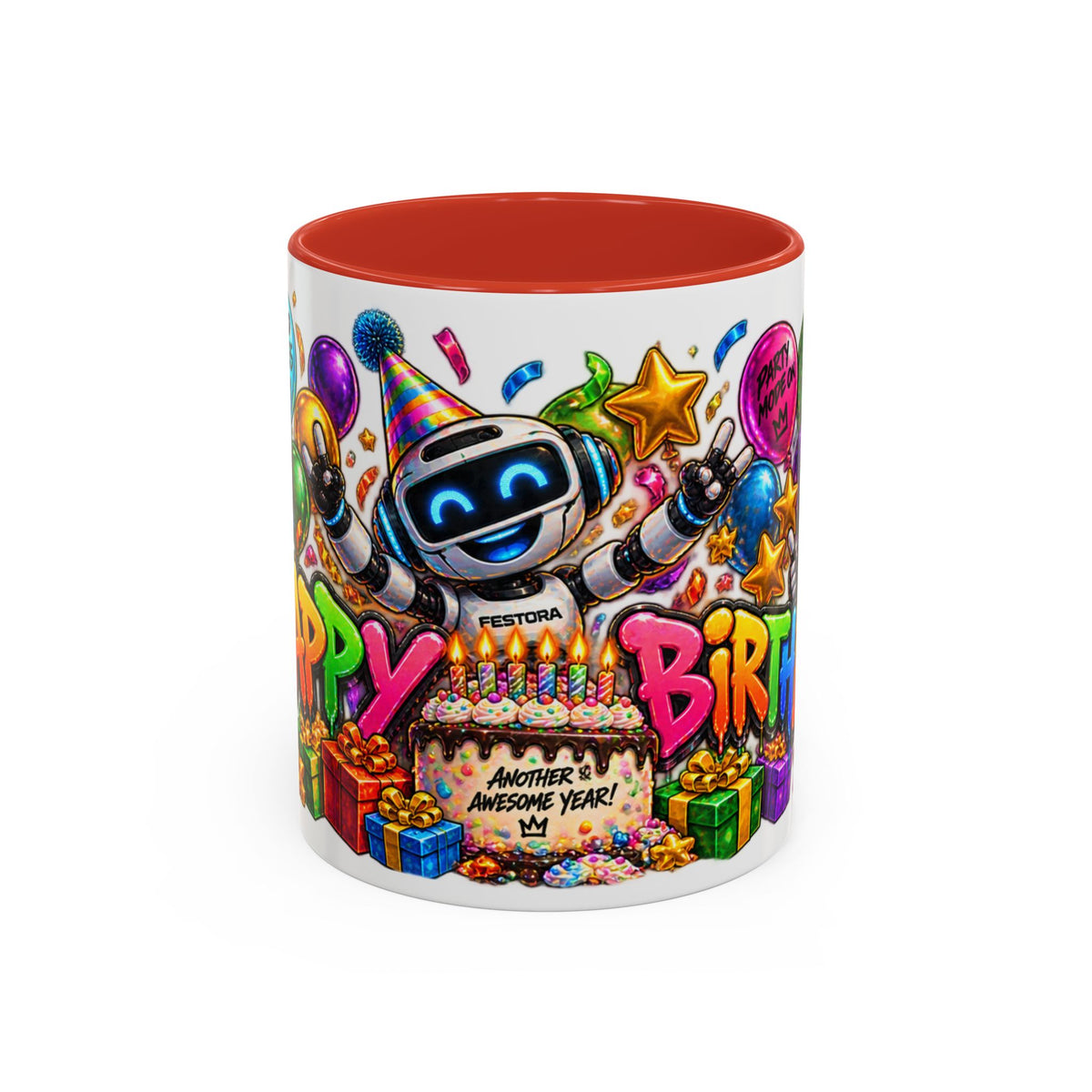 Birthday Robot Coffee Mug — Colorful Happy Birthday Accent Mug (11oz)