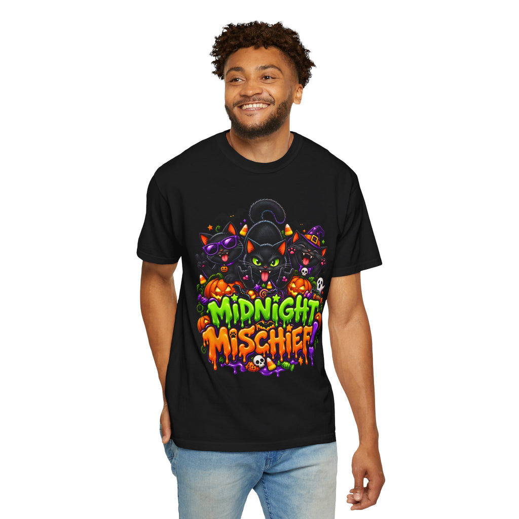 Midnight Mischief Halloween T-Shirt – Funny Black Cat Graphic Tee
