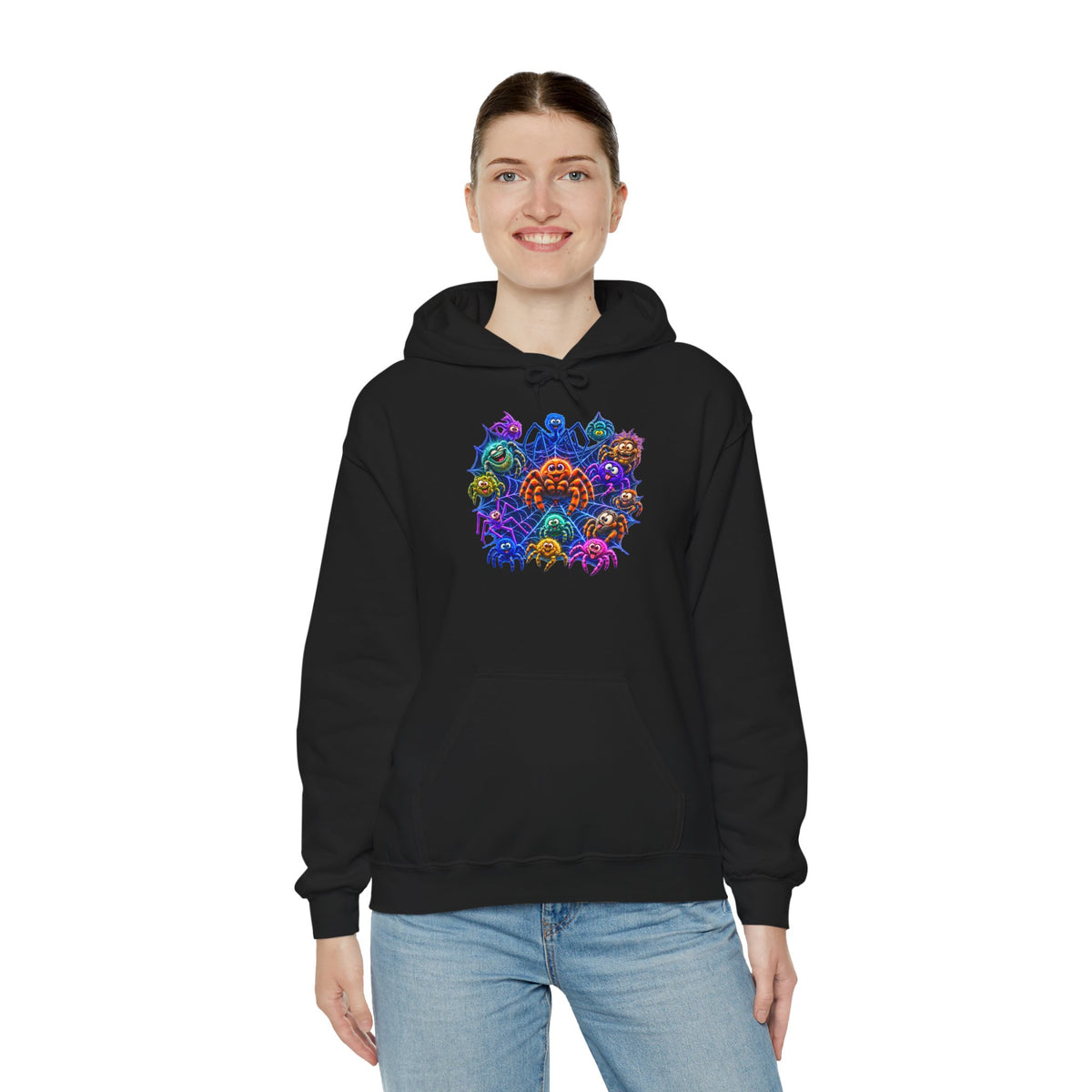 Colorful Spider Squad Black Hoodie - Funny Halloween Graphic Unisex Sweatshirt