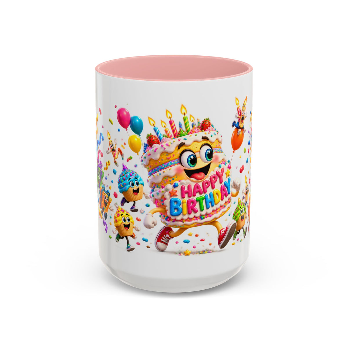 Birthday Party Coffee Mug – Colorful Happy Birthday Cake & Balloon Design (11/15oz Accent Mug)