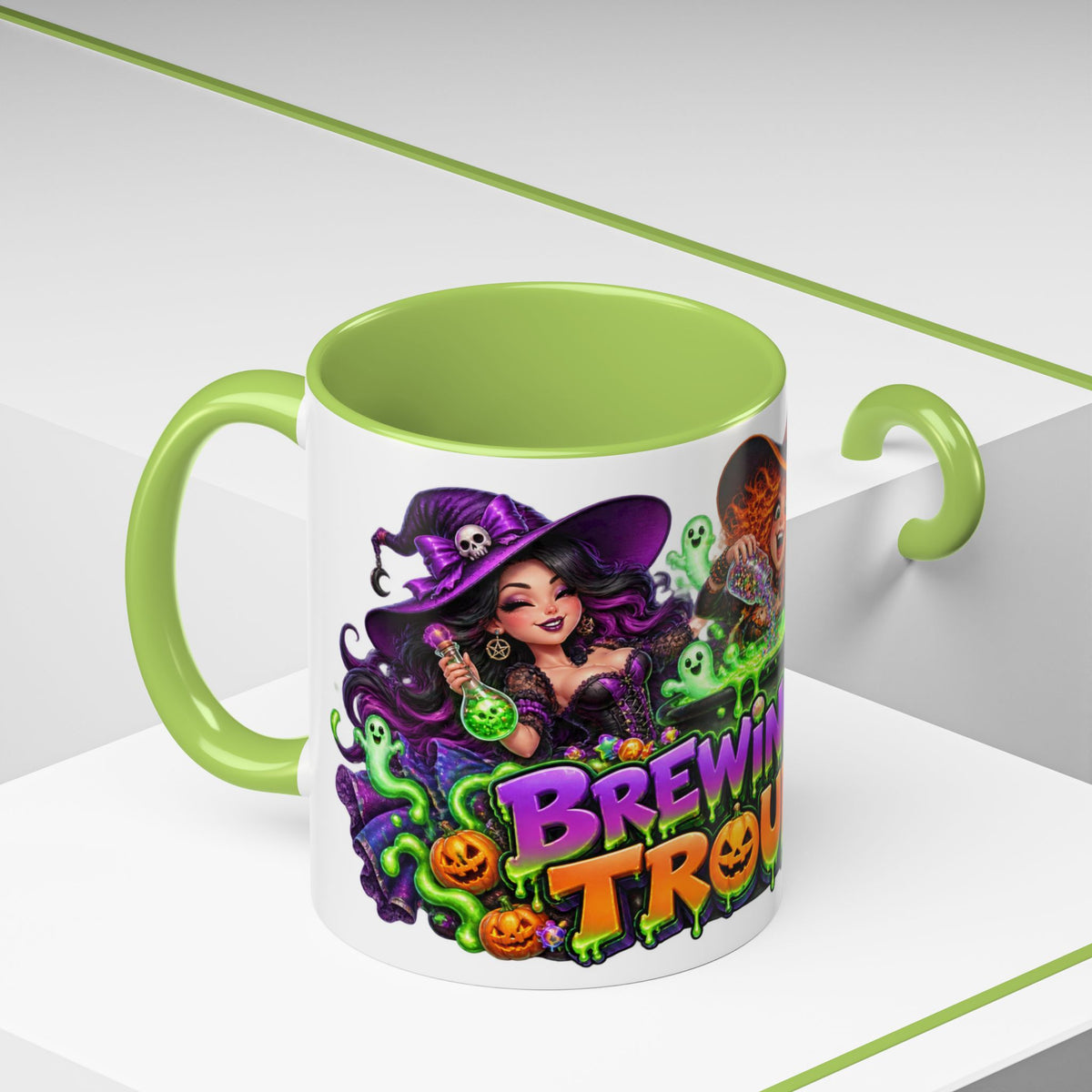 Brewing Up Trouble Witches Halloween White Mug