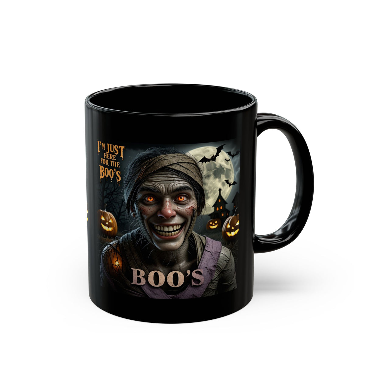 Halloween "I'm Just Here for the Boo's" Black Coffee Mug — Spooky Pumpkin & Mummy Design (11oz/15oz)