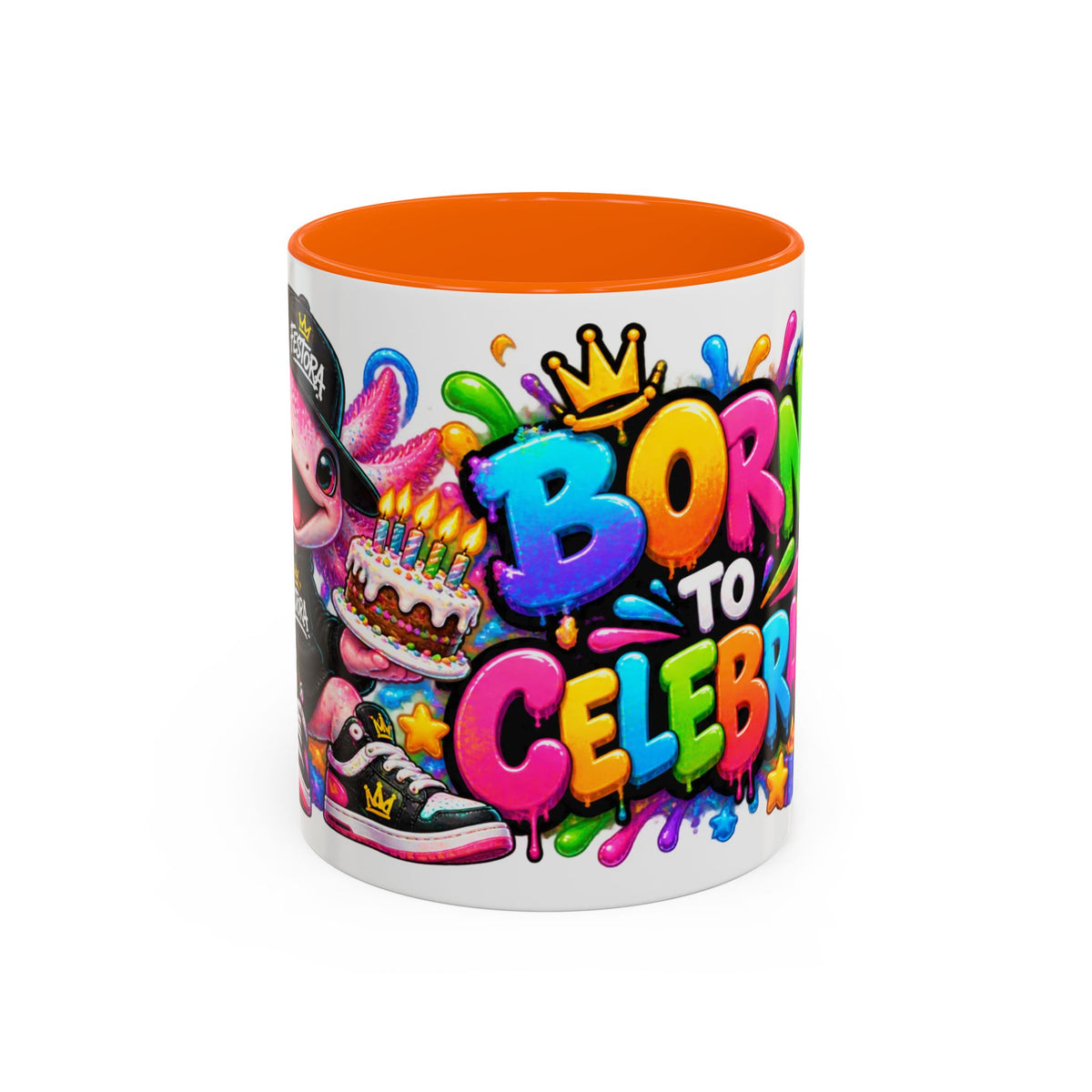 BORN TO CELEBRATE! White Ceramic Mug – Cute Axolotl Birthday Coffee Cup – Colorful Party Gift – Original FestoraShop Design