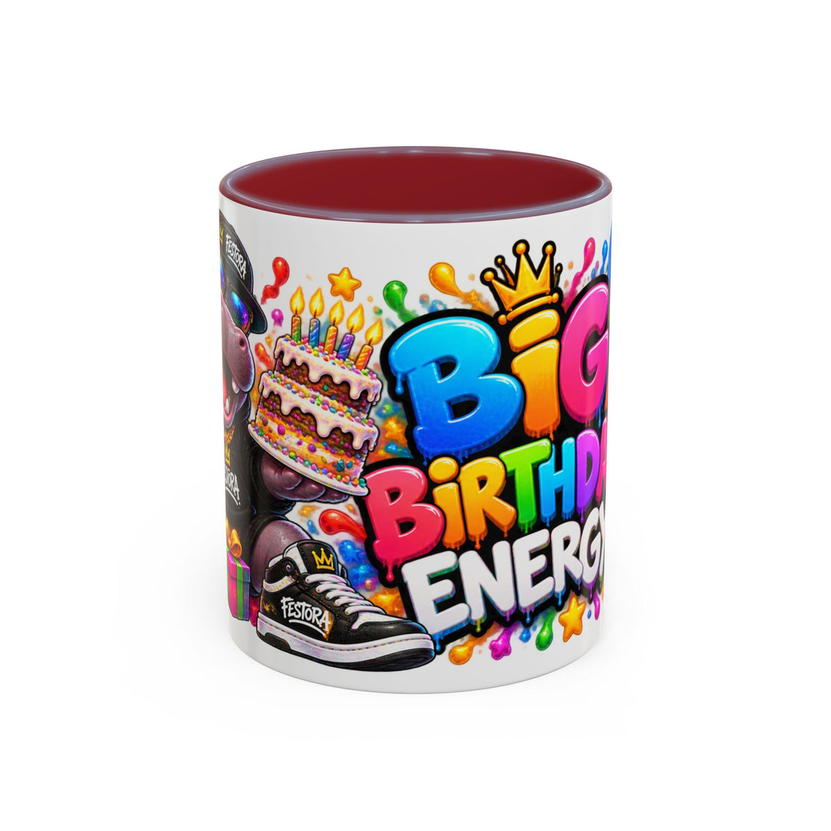 BIG BIRTHDAY ENERGY! White Ceramic Mug – Funny Hippo Birthday Coffee Cup – Colorful Party Gift – Original FestoraShop Design
