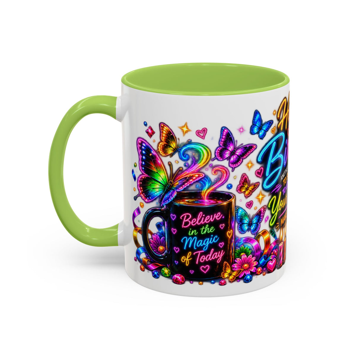 Birthday Coffee Mug – Colorful "Happy Birthday" Gift Mug with Butterflies & Candles