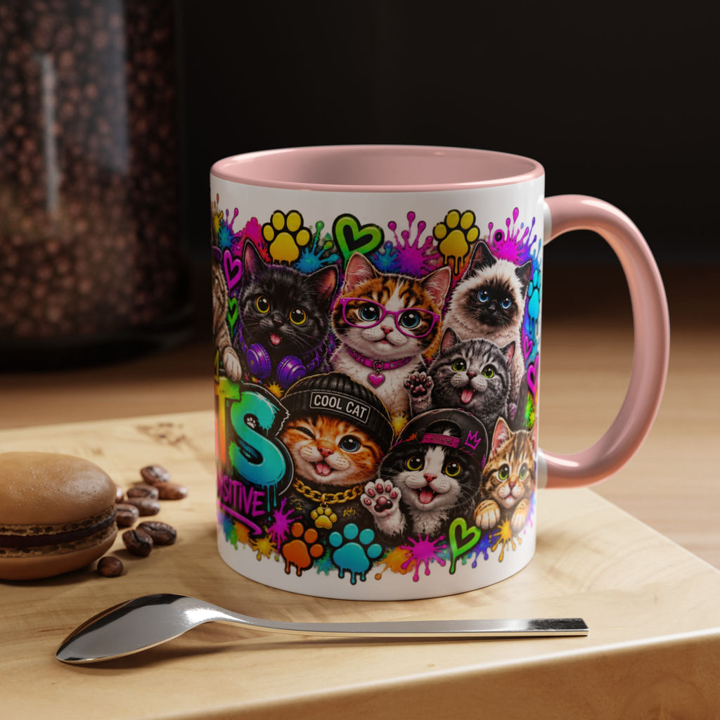 Cats Stay Pawsitive Accent Coffee Mug – Colorful Cute Cat Paw Print Design (11oz)