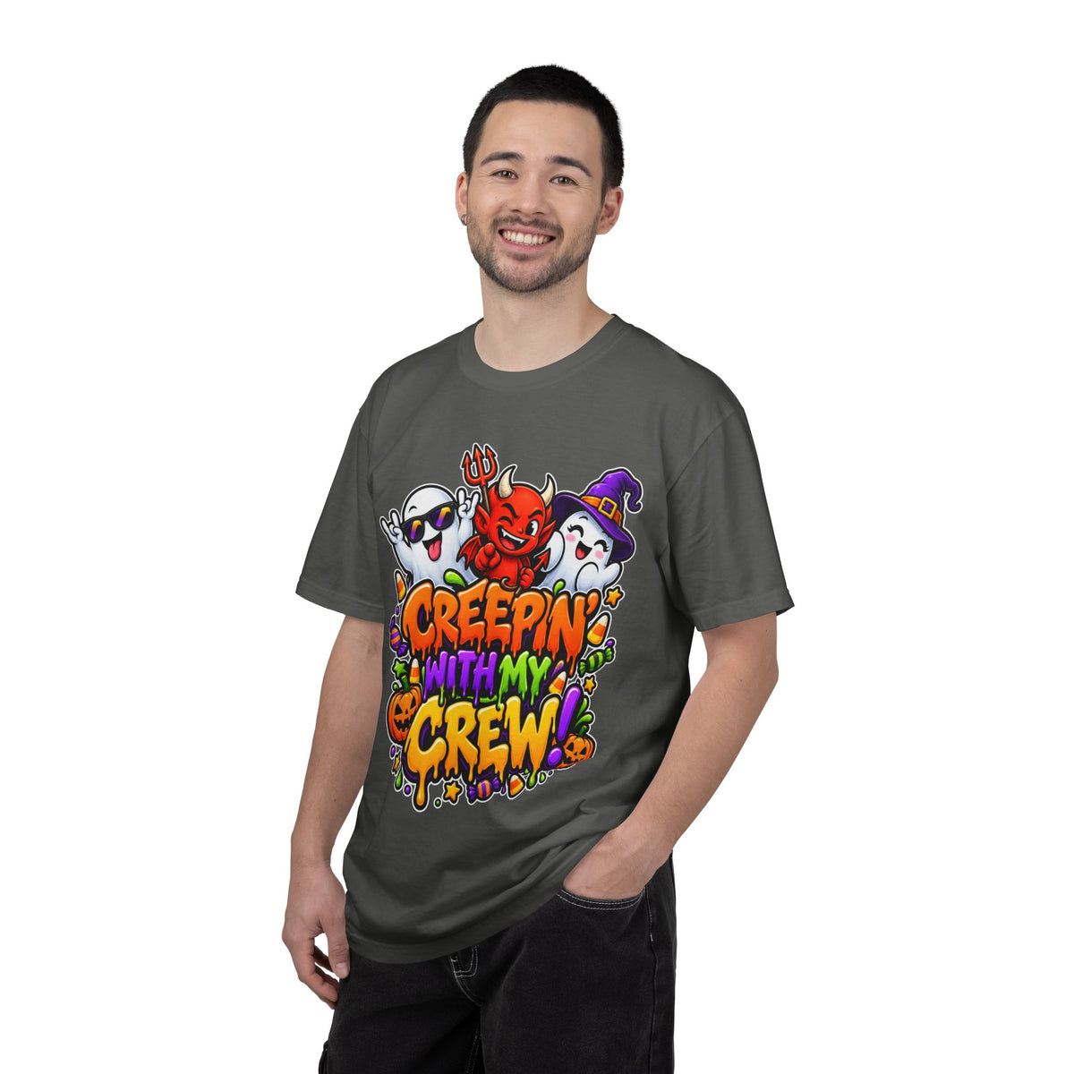 Creepin’ With My Crew Halloween T-Shirt – Colorful Funny Ghost & Devil Graphic Tee