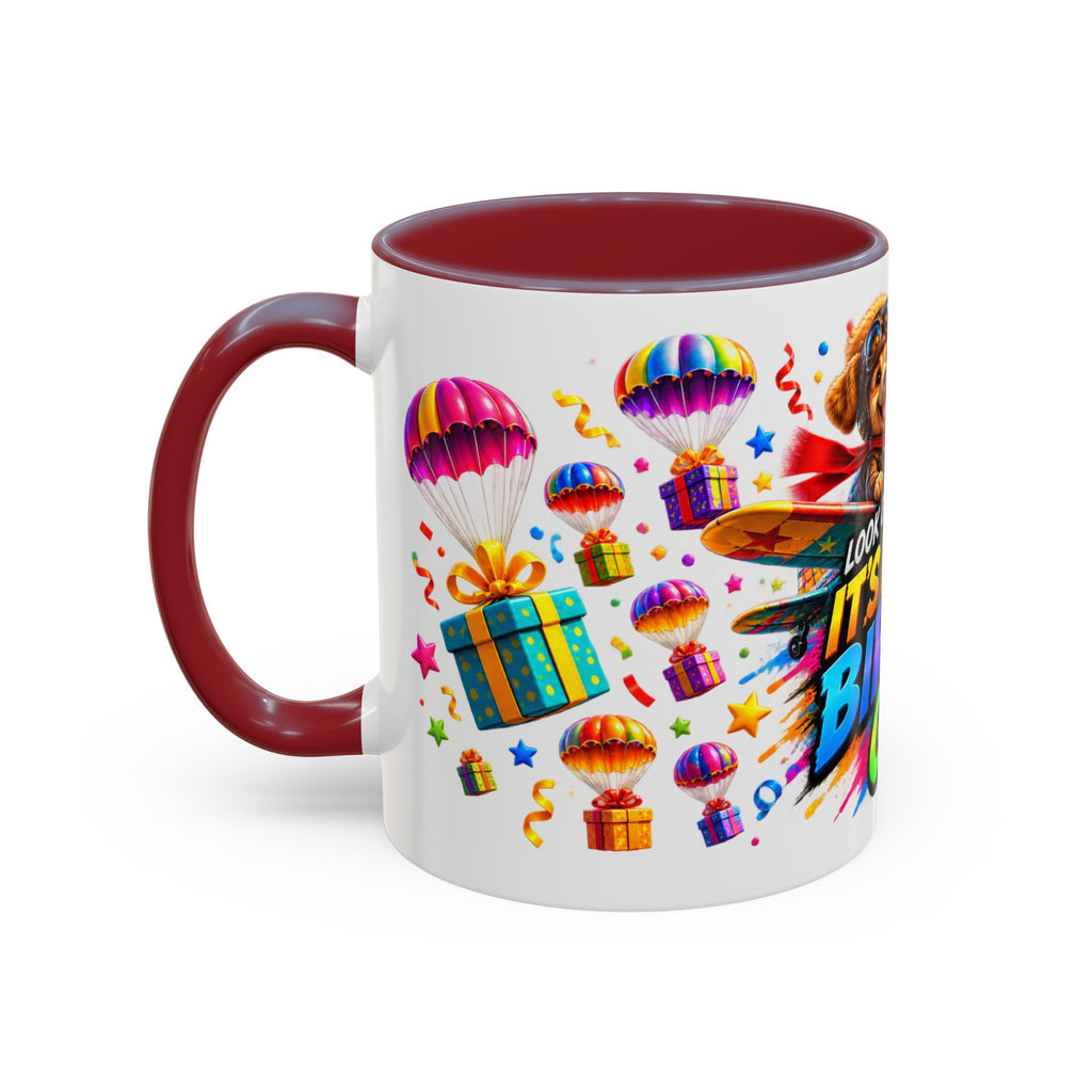 Birthday Gifts Coffee Mug — "It's Raining Birthday Gifts!" Colorful Accent Mug