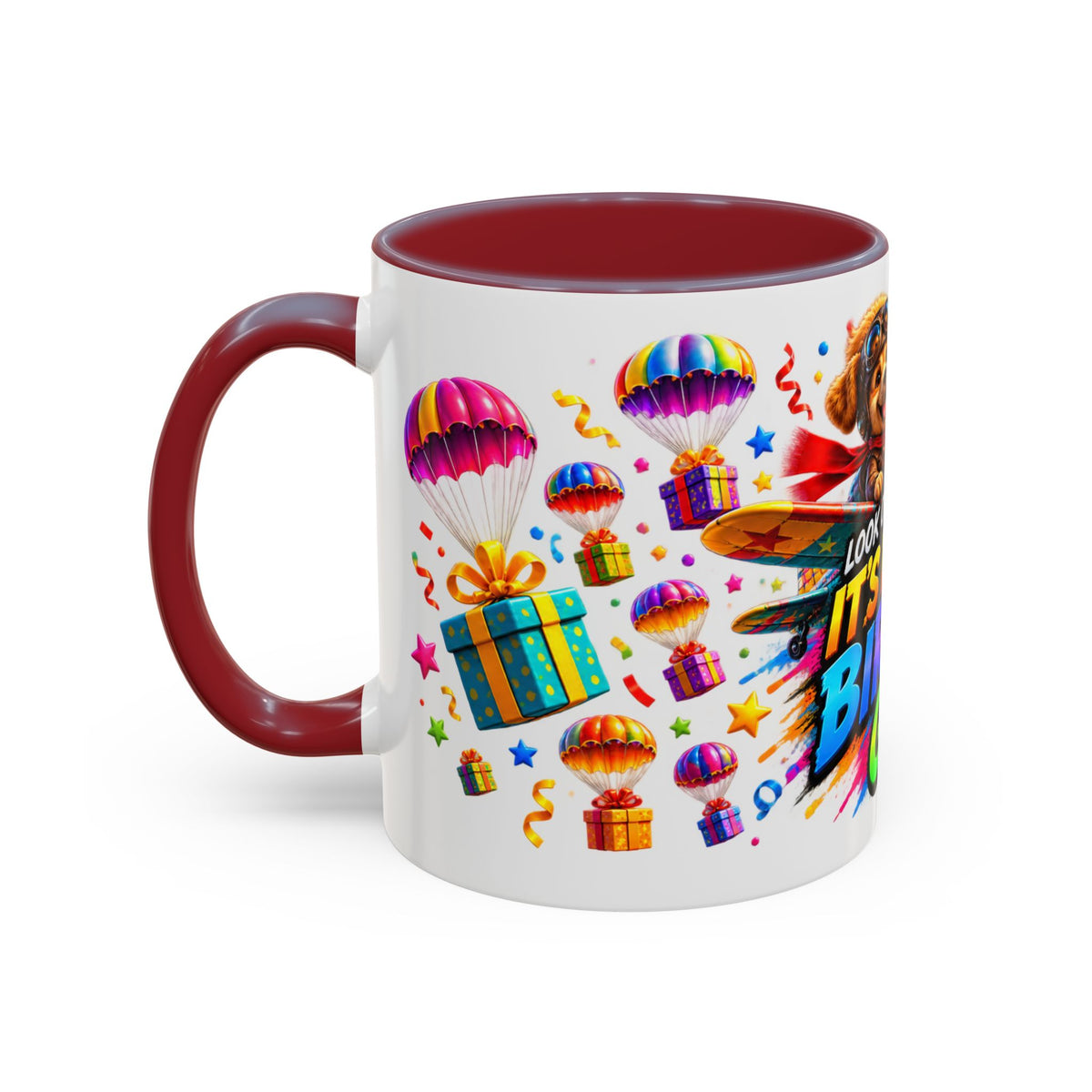 Birthday Gifts Coffee Mug — "It's Raining Birthday Gifts!" Colorful Accent Mug