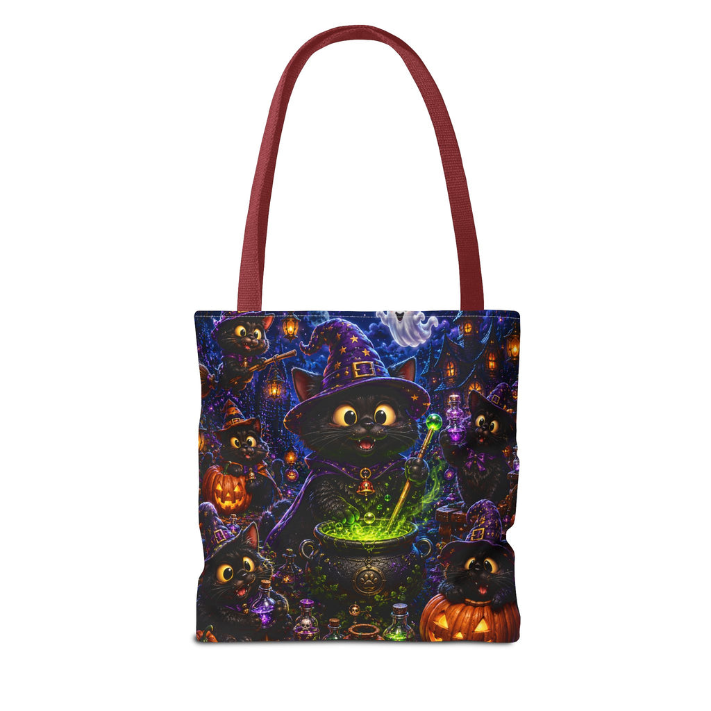 Halloween Black Cat Witches Tote Bag — Cute 3D Cats, Cauldron & Pumpkins Design