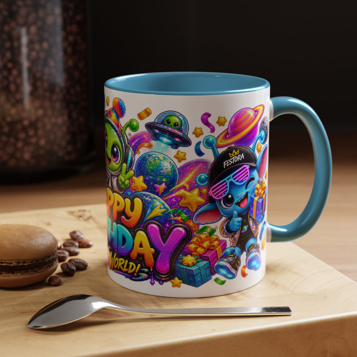 Happy Birthday Out of This World Accent Mug — Cute Alien Space Birthday Coffee Cup (11oz)