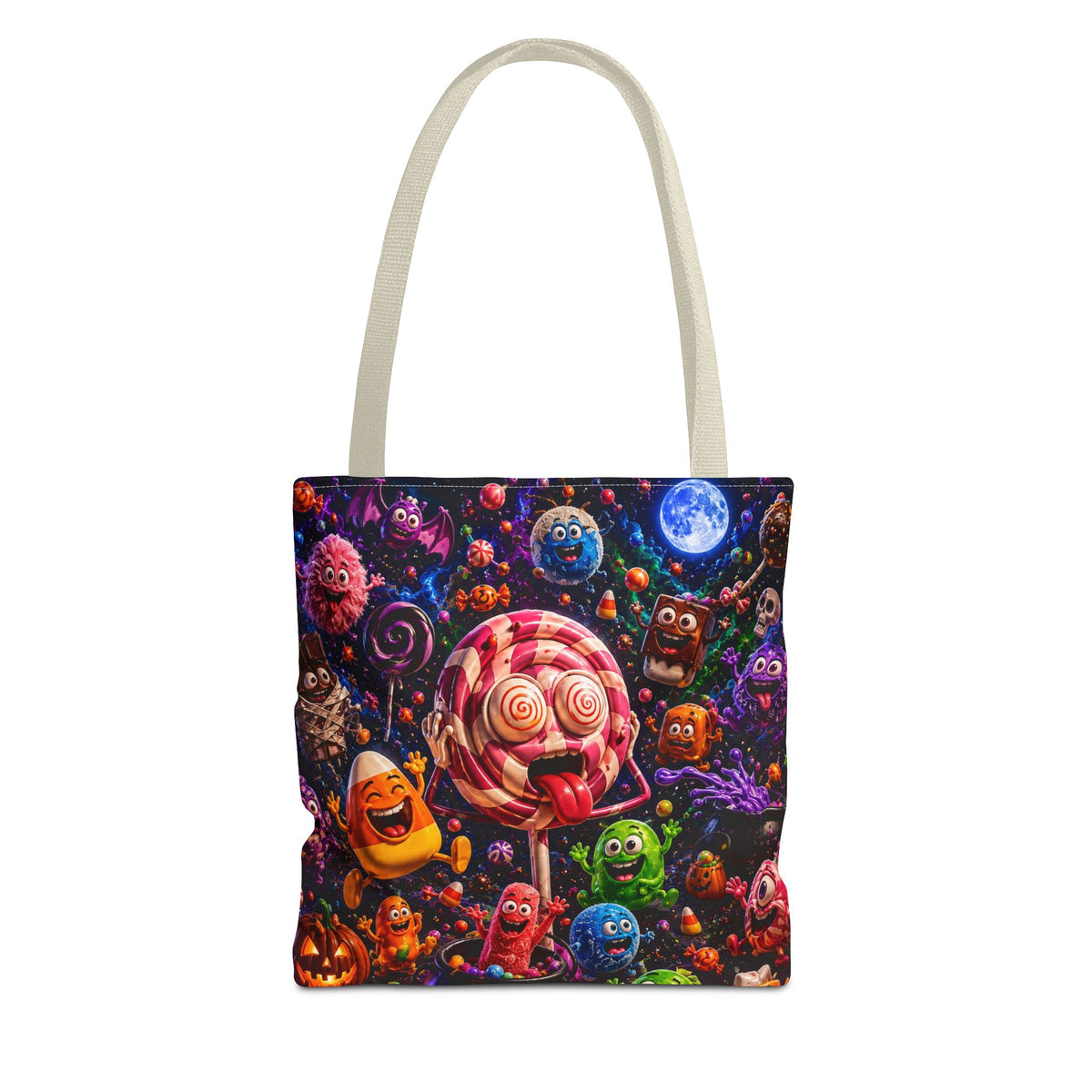 Crazy Halloween Candy Monsters Tote Bag — Colorful 3D Lolipop & Treats Design