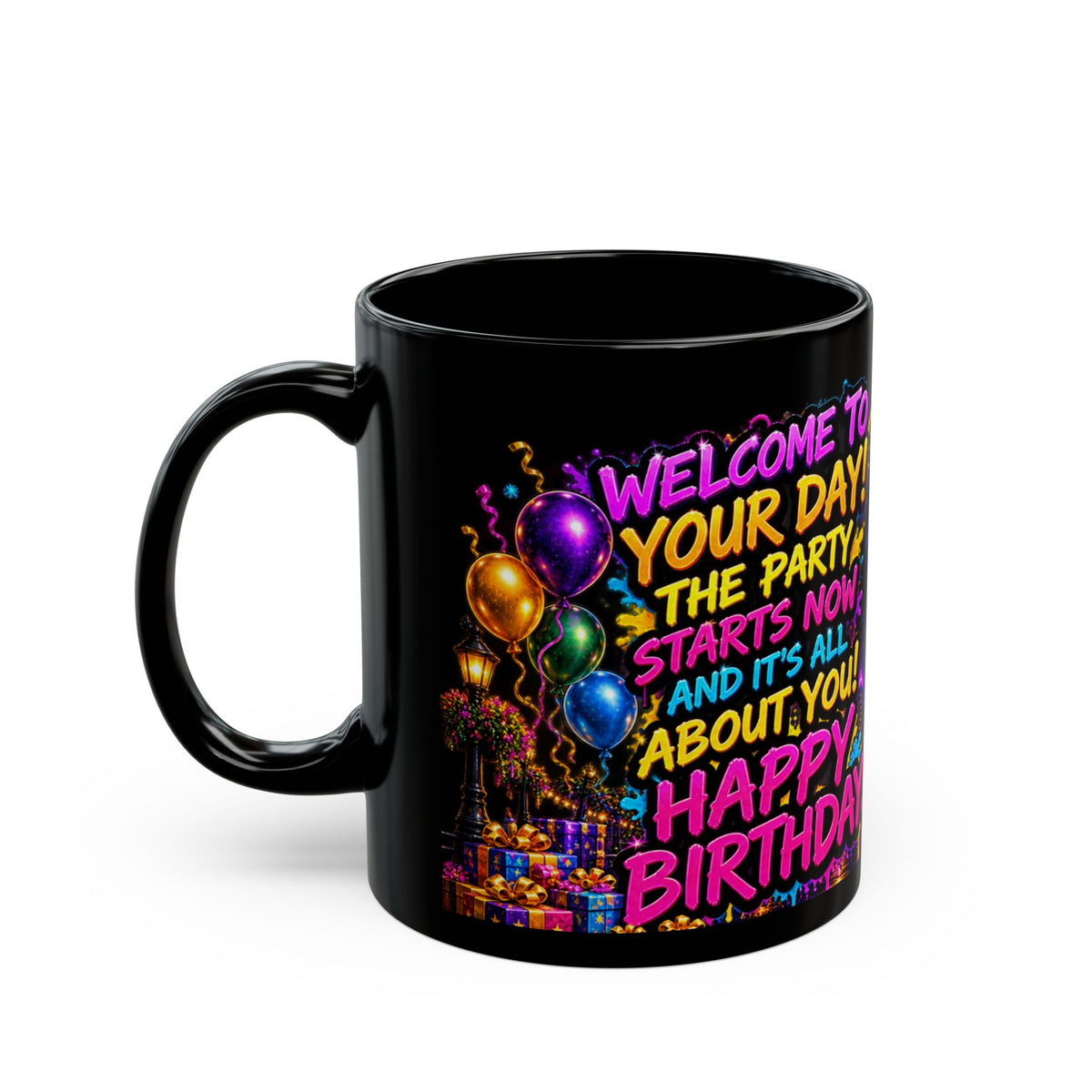 Happy Birthday Neon City Night Mug – Colorful Fireworks & Balloons