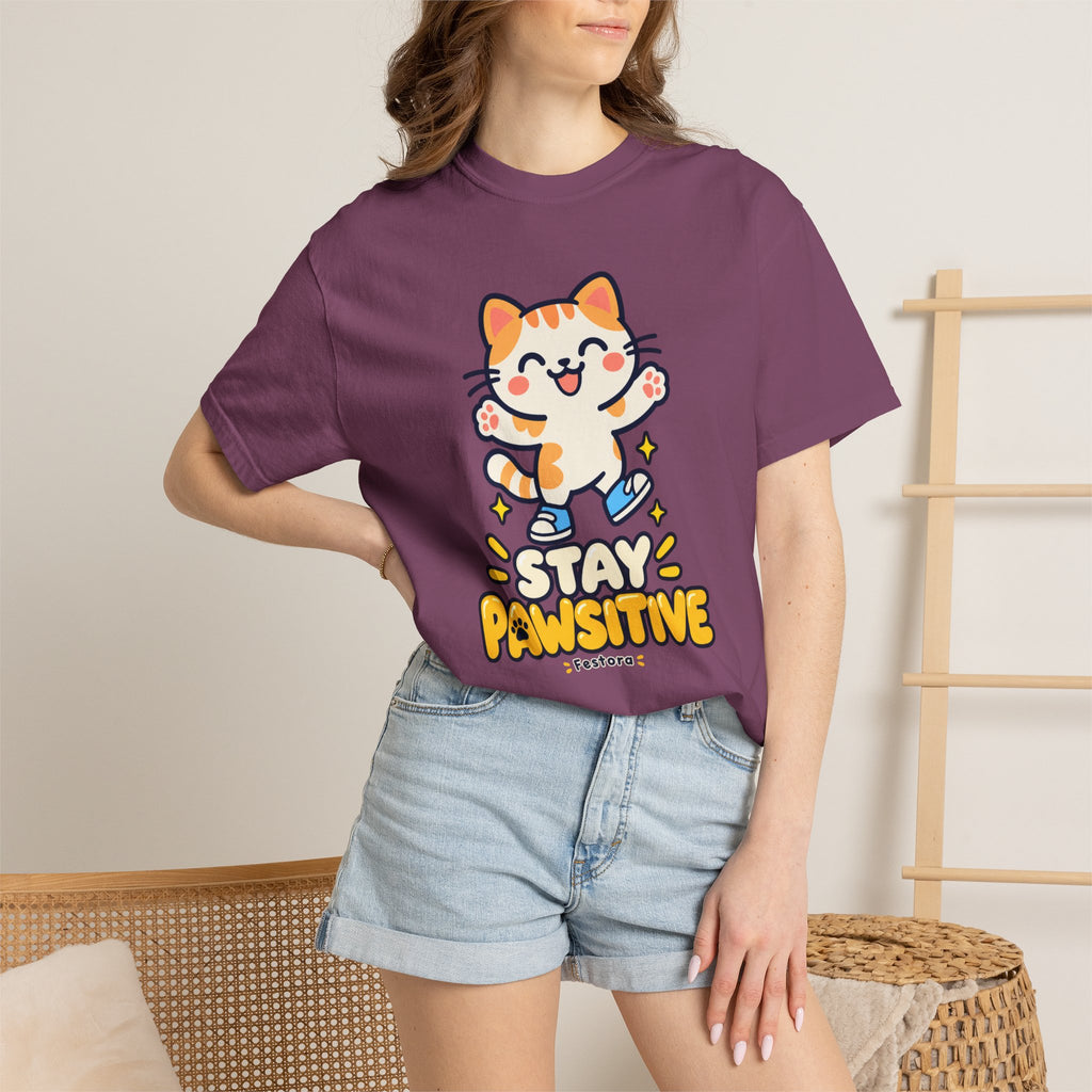 Stay Pawsitive – Cute Happy Cat Graphic T-Shirt