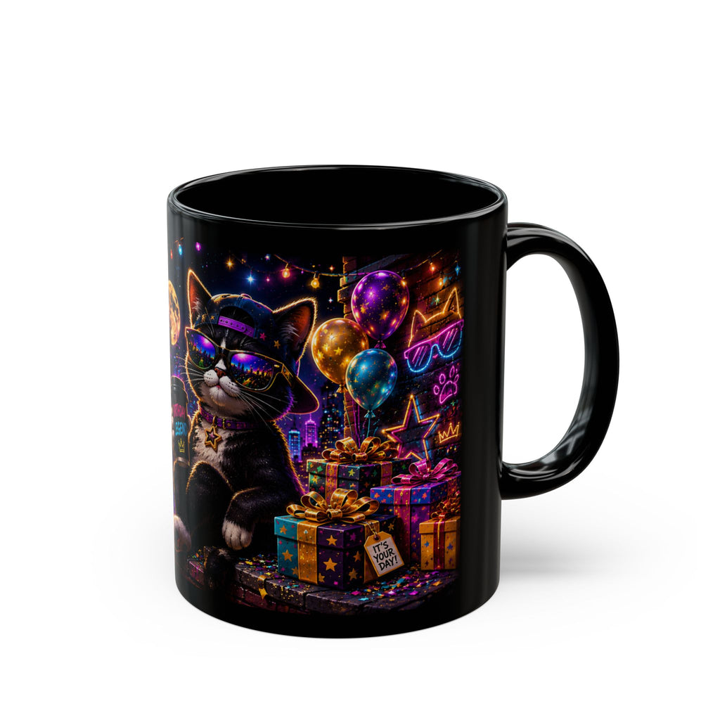 Happy Birthday Cat Mug — Colorful Neon Party Black Coffee Cup