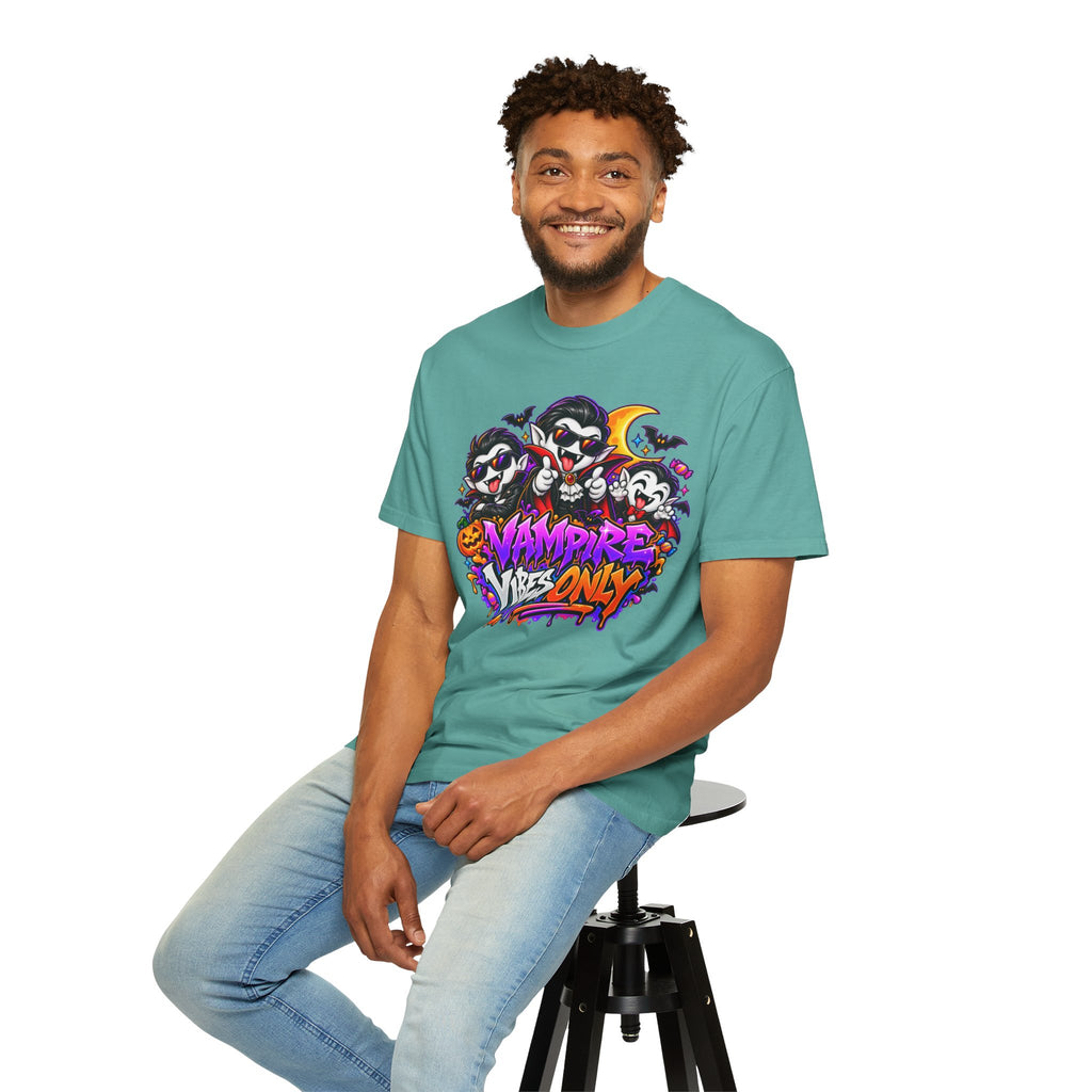 Neon Vampire Vibes Halloween Unisex Garment-Dyed T-Shirt Featuring a Cool Festora Vampire Crew