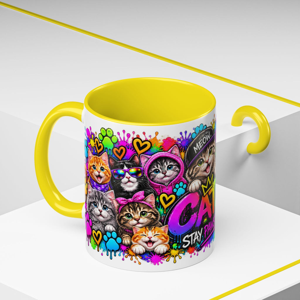 Cats Stay Pawsitive Accent Coffee Mug – Colorful Cute Cat Paw Print Design (11oz)