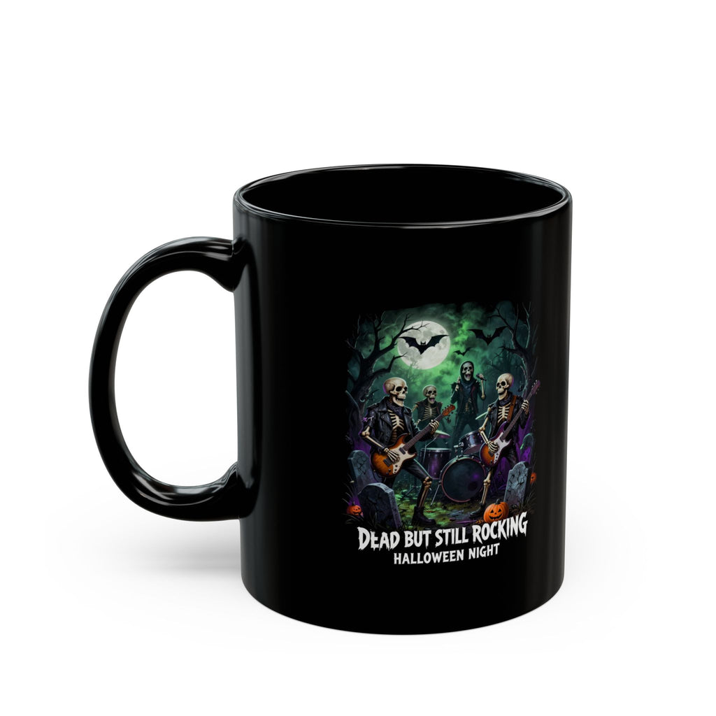 Dead But Still Rocking Halloween Mug — Spooky Skeleton Band Black Coffee Cup