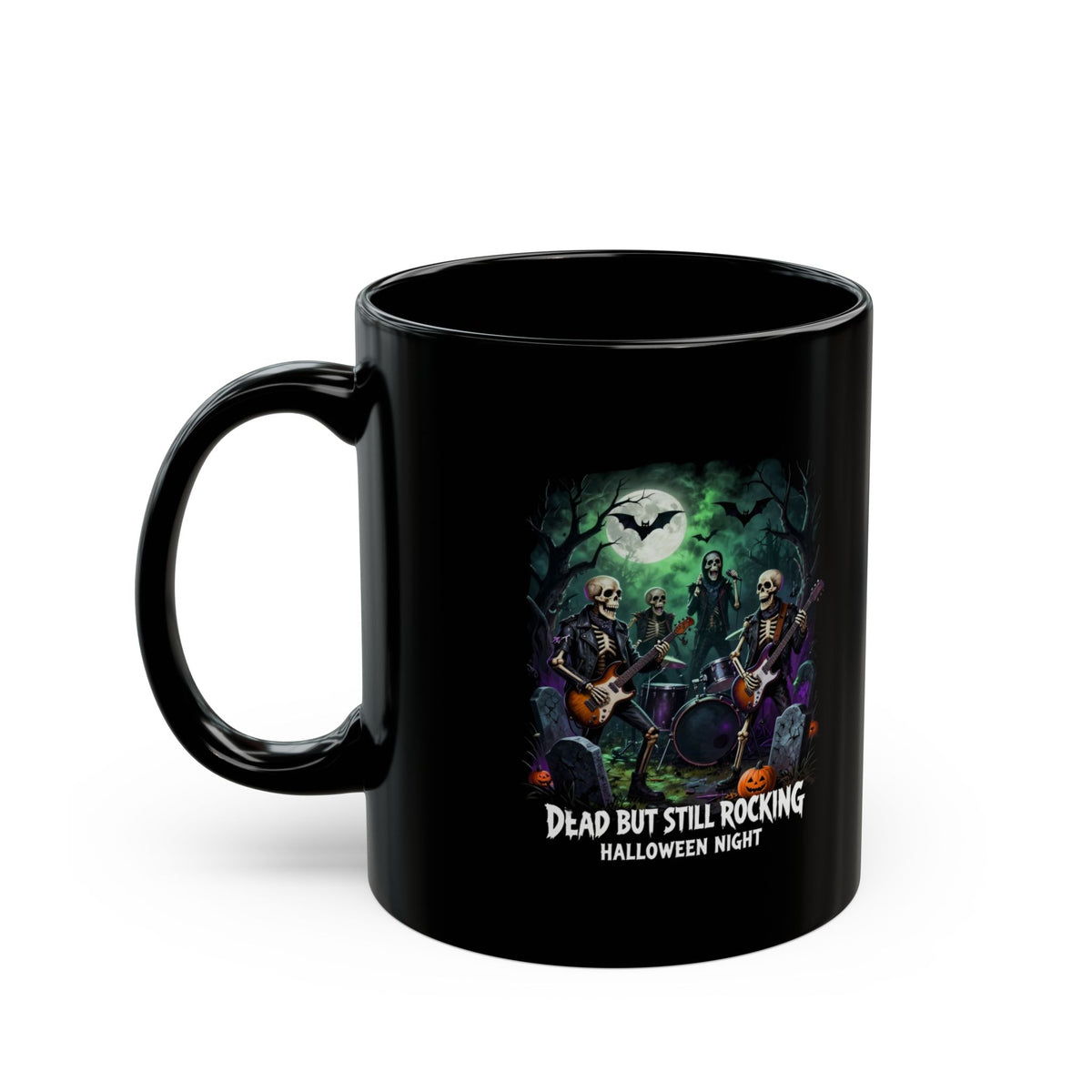 Dead But Still Rocking Halloween Mug — Spooky Skeleton Band Black Coffee Cup